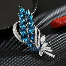 Brooches Jewelry Blue Crystal Wheat Ear Flower For Women Vintage Large Bouquet Geometric Leaf Feather Lapel Pin Gift