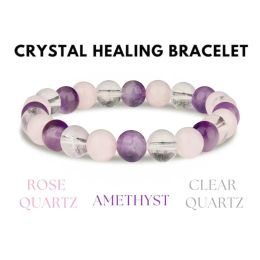 Strands Crystal Healing Bracelet Amethyst Clear Quartz Rose Quartz 8 mm Round Healing Crystals (Stretch Bracelet, Gemstone Bracelet)