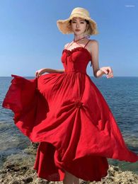 Casual Dresses Summer Women Romantic Red High Waist Pleated A-line Slip Dress Sweet Elegant Ruffles Backless Bandage Evening Party Long