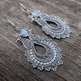 Dangle Chandelier Vintage Silver Colour Metal Hand Carving Patterns Hook Earrings for Women Jewellery Water Droplet Inlaid Stone Earring H240423