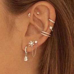 Earrings Fashion Stainless Steel Crystal Zirconia Chain Small Hoop Earrings Flower Water Drop Pendant Cartilage Earring Piercing Jewelry