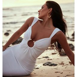 Swimsuit Women 2024 Beach Coverup Casual Dress Summer Sexy Neck Backless Slit Slim Solid Spandex Kaftan For Pareo