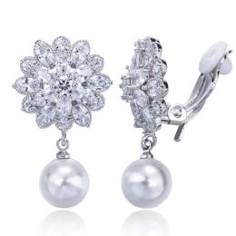 Earrings CWWZircons Fashion White CZ Crystal Drop Pearl Flower Clip on Earrings Non Pierced 5A Cubic ZIrcon Bridal Wedding Jewelry EJ0012