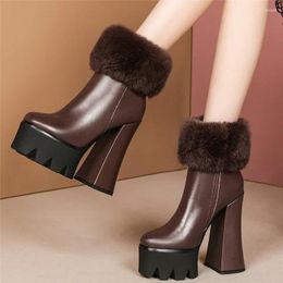 Boots Winter Chunky Platform Shoes Women Genuine Leather High Heel Snow Female Top Round Toe Warm Fur Pumps