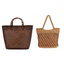Bag Handbag Women Fashion Woven Straw Light Brown & Large Capacity Hollow Shoulder Bags