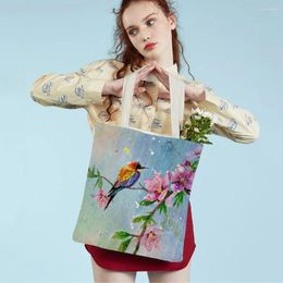 Shopping Bags Both Sides Watercolour Cartoon Animal Art Children Tote Handbag For Girl Casual Canvas Bird Women Shoulder Bag