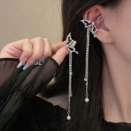 Earrings Korean Black Liquid Butterfly Pearl Tassel Ear Cuff Female Fashion Silver Colour No Piercing Long Chain Clip On Earring Jewellery