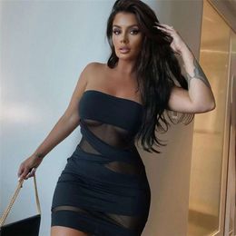 Wind 2024 Winter New Women's Fashion Chest One Line Neck Sexy Perspective Slim Fit Wrap Hip Dress for Women F42314