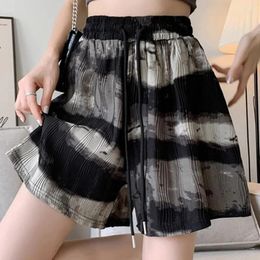 Women's Shorts 2024 Summer Thin Loose Plus Oversize Casual High Waist Lace Up Fashion Tie Dyed Ink Painting Ice Silk Wide Leg For Women