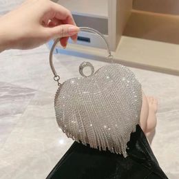 Tassel Women Evening Bags Diamonds Heart Design Fashion Rhinestones Day Clutch One Side Handle Handbags Purse 240418