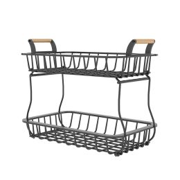 Baskets 2 Tier Fruit Storage Basket Kitchen Countertop Organizer with Wooden Handle Mesh Carbon Steel Bowl for Bread Fruit Basket