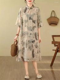 Party Dresses Chinese Style Cotton And Linen Cheongsam Dress Loose Print Slanted Collar Button Up Casual 4/5 Sleeve Midi For Women Z4907
