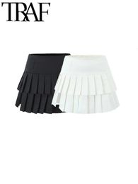 TRAF Summer Pleated A Line Women Mini Skirt Zipper Mid Rise Split Side Layered Female Extreme Short Skirts Y2K Sexy 240418