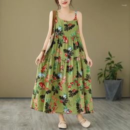 Casual Dresses Women's Floral Printed Cotton Linen A-line Dress Sleeveless Vintage Tank Backless Ladies Loose Maxi