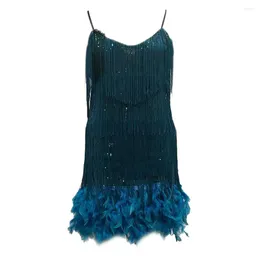 Casual Dresses Loose Cut Dress Sequin Tassel V Neck Party With Feather Decor For Women Backless Rumba Cha-cha Dance Costume Mini Club