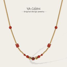 Necklaces YACHAN Gold Beaded Stainless Steel Necklace for Women 18K Gold Plated Red Acrylic Beads Necklaces Trendy Jewelry Gift