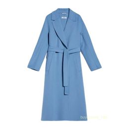 Women's Coat Cashmere Coat Luxury Coat Maxmaras Womens Pure Wool Flip Collar With Edge Pocket Double Breasted Sky Blue Bathrobe Style Coat