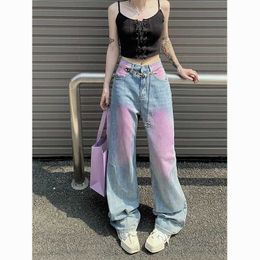 Frauen Jeans Y2K Jeans Blau für Frauen Sommer hohe Taille Graffiti Purple Korean Style Baggy Straight Jeanshose Freizeithose Y240422