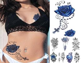 Waterproof Temporary Tattoo Sticker Blue Rose Peony Flowers Flash Tattoos Cross Rosary Body Art Arm Fake Sleeve Tatoo Women Men7524931