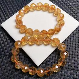 Link Bracelets 12MM Natural Citrine Facet Bracelet Men Women Reiki Healing Strand Bangles Fashion Wristband Jewellery Gift