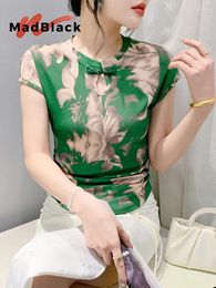 Women's T Shirts MadBlack Chinese Clothes Tshirt Woman Round Collar Print Slim Green Top Short Sleeve Tee Summer 2024 T443101JC