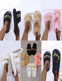 Designer slippers thick bottom slotted wool large metal chain cotton for women beach flip flops1315472