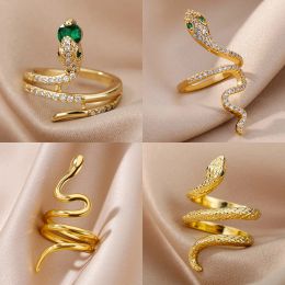 Bands Stainless Steel Snake Rings For Women Men Gold Color Open Adjustable Zircon Ring Vintage Gothic Aesthetic Jewelry anillos mujer