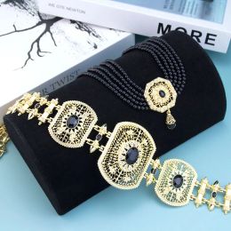 Necklaces Sunspicems Black Crystal Moroccan Kaftan Belt Waist Chain Beads Choker Necklace Arabic Bride Wedding Jewellery Sets Gold Colour