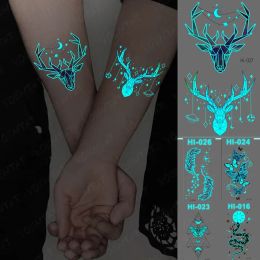 Tattoos 5PCS Luminous Waterproof Temporary Tattoo Sticker Antlers Feather Butterfly Snake Glow Flash Tatto Women Men Arm Fake Tattoos