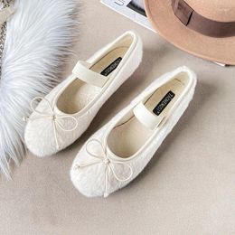 Casual Shoes 2024 Winter One Word Belt Plus Velvet Women's Bowknot Plush Single Large Size