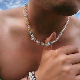 Necklaces Asymmetrical Imitation Pearl and Colorful Stone Beads Short Choker Necklace for Men Trendy Bohemia Summer on Neck Accessories