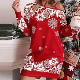 Casual Dresses Women Christmas Dress Hollow Out One Shoulder Loose Snowflake Print Colour Matching Long Sleeve Above Knee Length