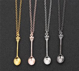 Charm Tiny Tea Spoon Shape Pendant Necklace With Crown For Women 4 Colors Creative Mini Long Link Jewelry Spoon Necklace6046377