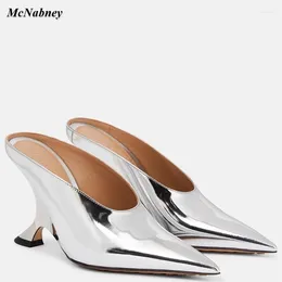 Slippers 2024 Women Pointed Toe Wedges Shallow Sexy Low Heels Silver Black Patent Leather Glossy Sandals Party Pumps Shoes