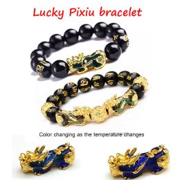 Strands Feng Shui Obsidian Stone Beads Bracelet Wristband Gold Color Black Pixiu Wealth Good Luck Women Bracelet Men Women Unisex