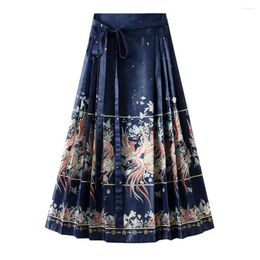 Skirts Chinese Style Women Skirt High Waist Phoenix Print Hanfu Pleated Lace-up Horse Face Faldas Para Mujeres