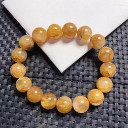 Link Bracelets 12MM Natural Yellow Fire Quartz Hematoid Bracelet Gemstone Round Bead Crystal Healing Jewelry Gift