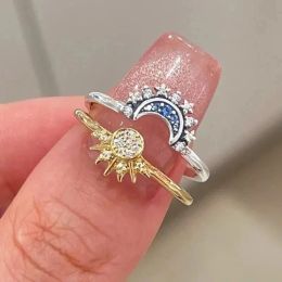 Bands 2023 New In Summe Couple Rings Celestial Blue Sparkling Moon and Sun Ring for Women Stackable Finger Band Engagement Jewellery