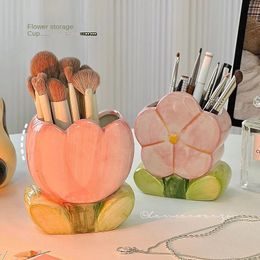 Flower Pen Holder Ceramic Desktop Decoration Cute Girl Desk Office Storage Box Stationery Shelf Tank 240418