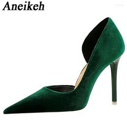 Dress Shoes Aneikeh2024 Elegant Sexy Flock Pointed Thin Heels Single ShoesWomen's Spring Autumn Shallow Solid High Office&Career Mules