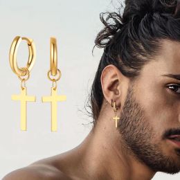 Earrings Dainty Minimalist Gold Color Dangling Cross Shaped Charm Huggie Pierced Hoop Earrings For Guy Men Women Jewelry
