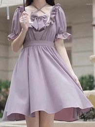 Party Dresses 2024 Summer Bow Soft Girls Sweet Kawaii Lolita Dress Solid Women Japanese Cute Ruffles Wrap Puff Sleeve Halter Short