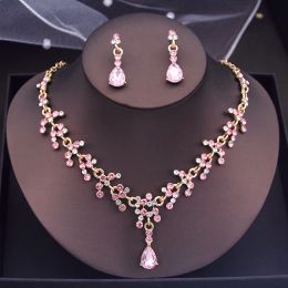 Necklaces Pink Crystal Fashion Pendants Necklace Earrings Sets for Women Jewellery Set Bridal Wedding Necklace Set Accessories