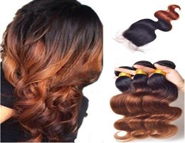 Ombre Colour 1B 33 Human Hair Bundles With Lace Closure 4Pcs Lot Dark Root brown 3bundles With Closure For Black Woman3424003