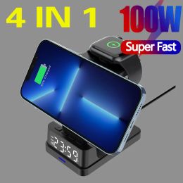 Chargers 100W 4 in 1 Magnetic Phone Holder Wireless Charger for iPhone 12 13 14 15 iWatch 6 7 8 SE Airpods Pro With Alarm Clock Charging