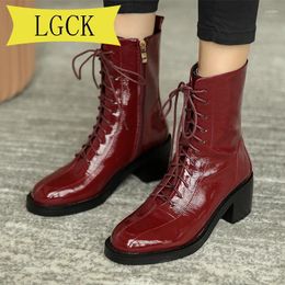 Boots Plus Size 34-40 Woman Autumn Womens Ladies Wear-resisting Rubber Black Patent Leather Ankle Square Heel Footwear