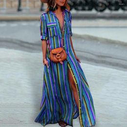 Casual Dresses Lapel Collar Button Down Cardigan Women's Striped Print Dress Fashionable Long Chic Color Contrast