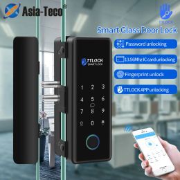 Control TTLOCK APP Fingerprint Lock Bluetooth Smart Glass Door Lock Biometric Electronic Control Door 13.56M RFID Remote Unlock NoDrill