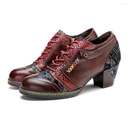 Dress Shoes Johnature Vintage Printed Stitching Genuine Leather Pumps Women 2024 Autumn Comfortable Thick Heeled High Heels