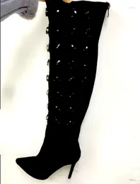 Boots Bling Black Gem Rhinestone Embellished Spring Knee High Female Thin Heels Knight Fashion Pointed Toe Zapato Bottine